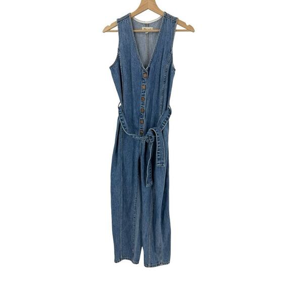 Madewell Denim Sleeveless Tie-Waist Jumpsuit in Belvoir Wash Sz XXS - Picture 3 of 9